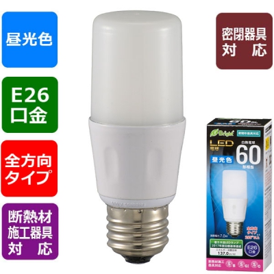 オーム電機 LED電球 T形 E26 60形相当 昼光色 [品番]06-3612 LDT7D-G IS21 画像1