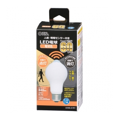 LED電球 E26 60形相当 人感明暗センサー付 電球色 [品番]06-4465