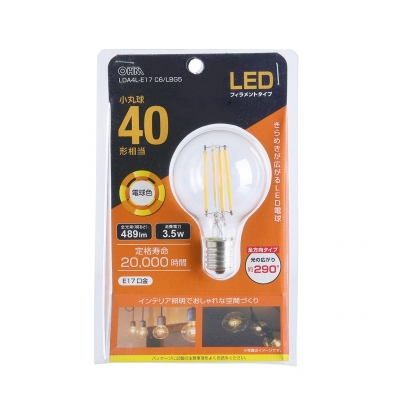 LEDフィラメントタイプ小丸球 E17 40形相当 電球色 [品番]06-3888