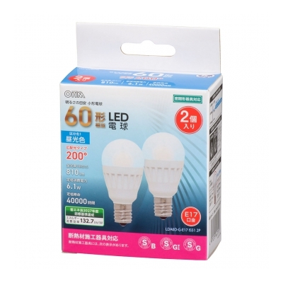 LED電球 小形 E17 60形相当 昼光色 2個入 [品番]06-4721