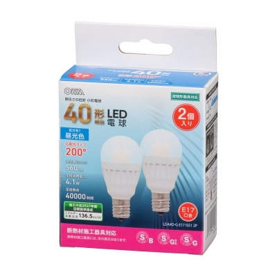 LED電球 小形 E17 40形相当 昼光色 2個入 [品番]06-4718