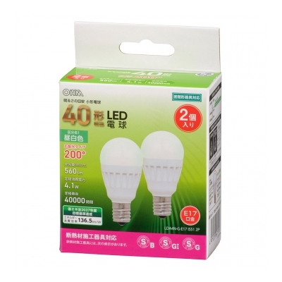 LED電球 小形 E17 40形相当 昼白色 2個入 [品番]06-4717