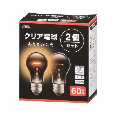 白熱電球 E26 60W形 クリア 2個セット [品番]06-4741